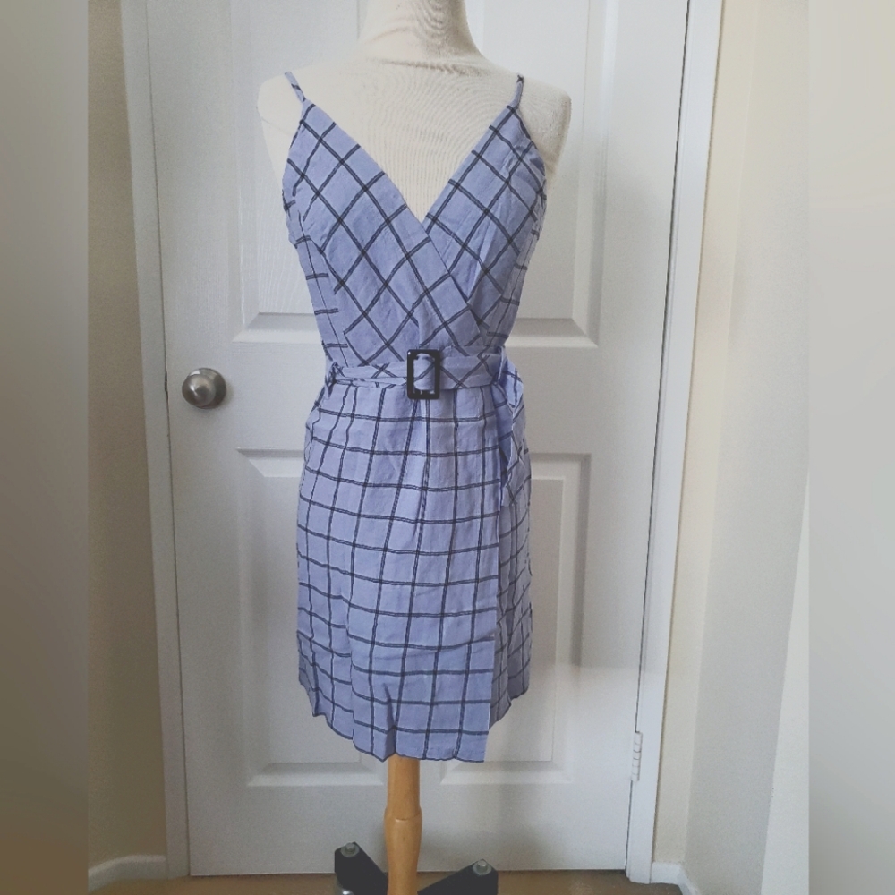 NEW Urban Outfitters Periwinkle Black Plaid Linen Belt Mini Dress Women's Size S